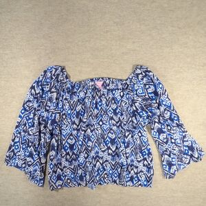 Lilly Pulitzer Oh My Cod Blue Geopattern Wide Sleeve Delaney Blouse Size Med